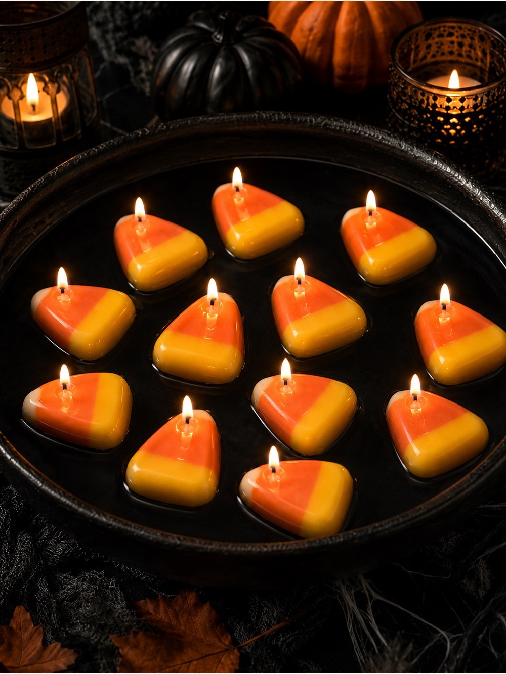 Candy Corn Shaped Floating Candles Set of 12 Halloween Fall Decor